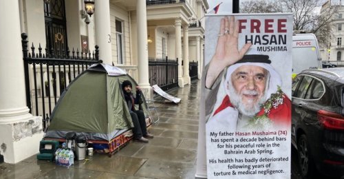 علي مشيمع يدخل اليوم 12 من الإضراب عن الطعام أمام سفارة عائلة آل خليفة الغازية للبحرين